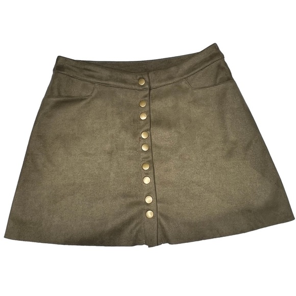 SAGE THE LABEL Olive Green Suede Mini Skirt Snap Button Front Size S - Picture 1 of 16